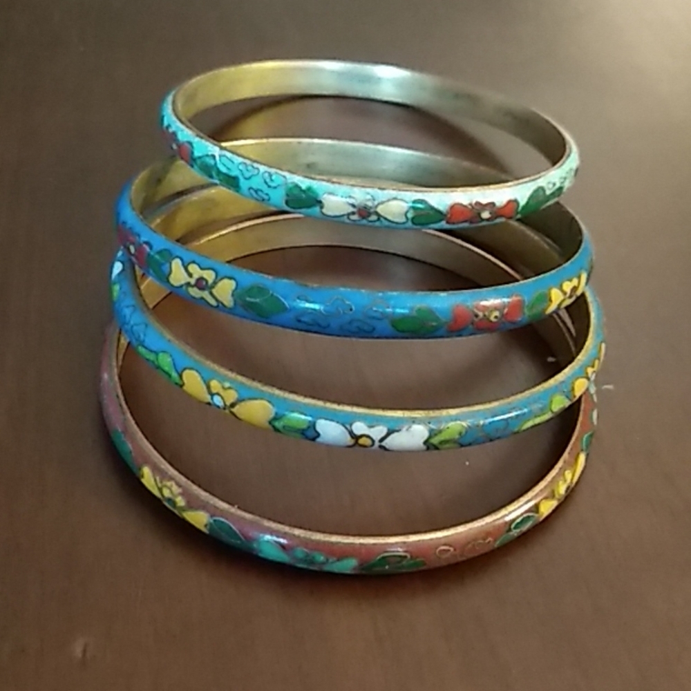 Vintage cloisonne floral bangle bracelets